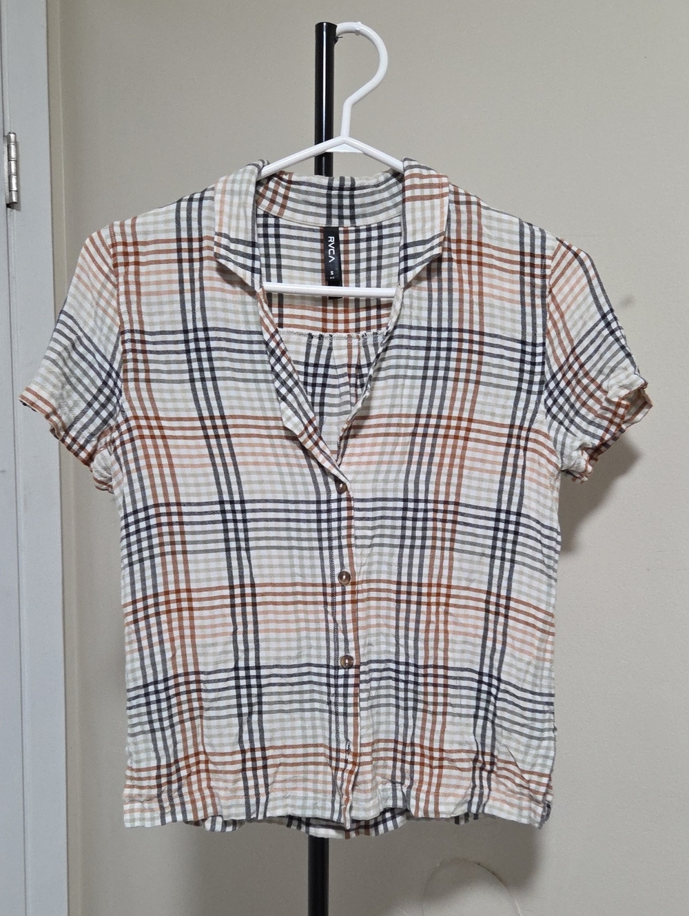 RVCA Women's Short Sleeve Plaid Button-Front Top in Cream and Brown